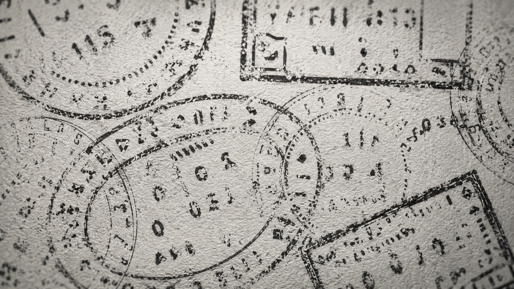 Fictional visualization of entry stamps on passport paper